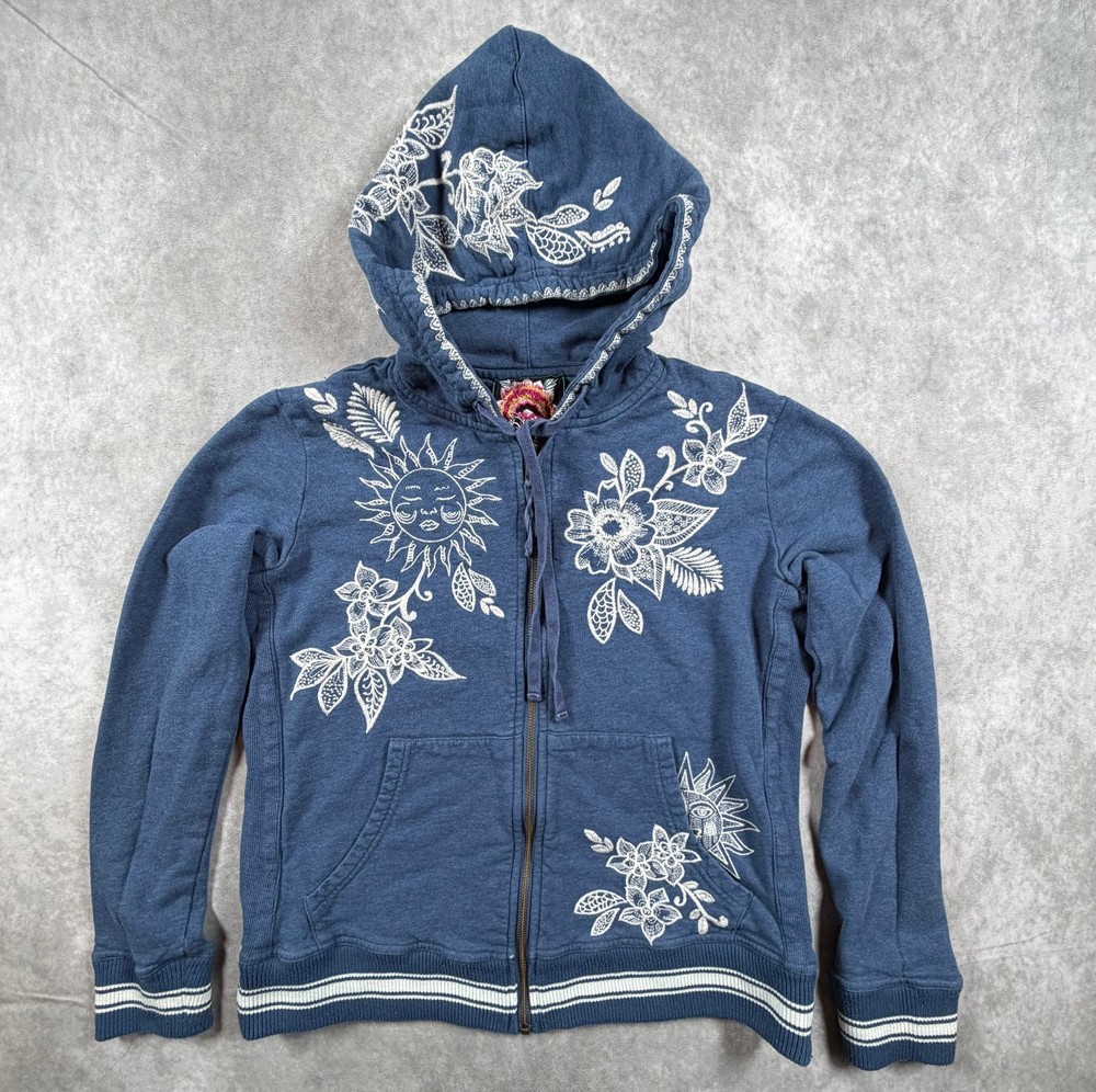 Johnny Was Womens Hoodie 100% Cotton Blue Embroidered Floral Zip Up XS