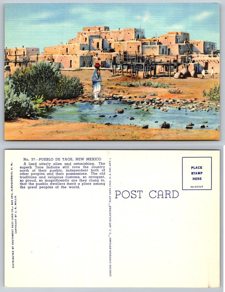 Vintage Pueblo de Taos New Mexico Linen Postcard Curteich Art-Colortone