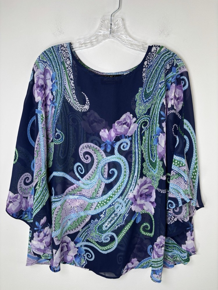 Bob Mackie Wearable Art Blouse Women’s Size Medium Blue Floral Dolman Flutter