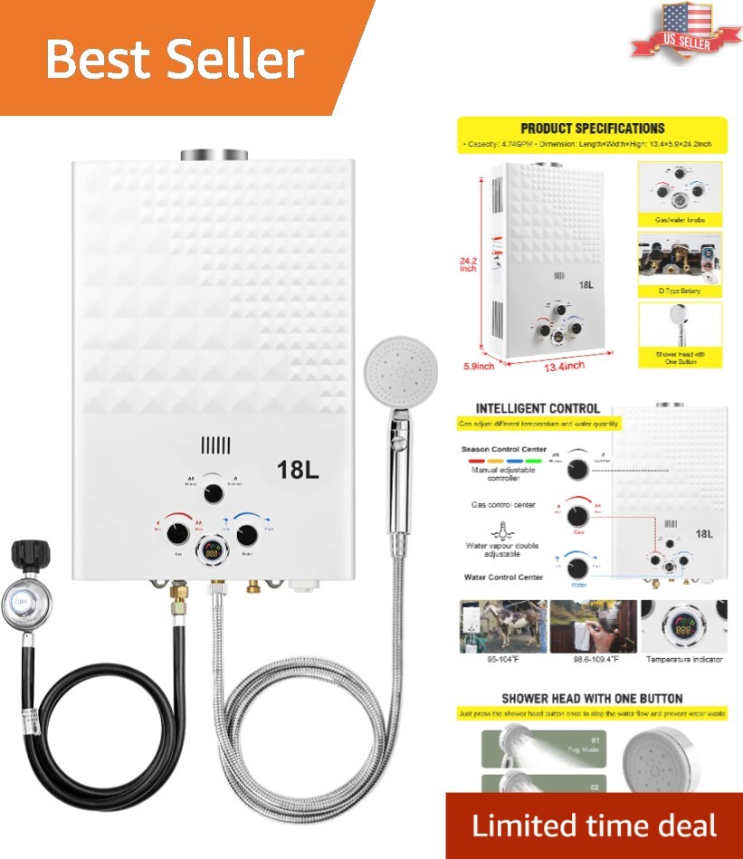 Gas Water Heater - CSA Approved, Multi-Protection - 18L, 4.74GPM for Camping