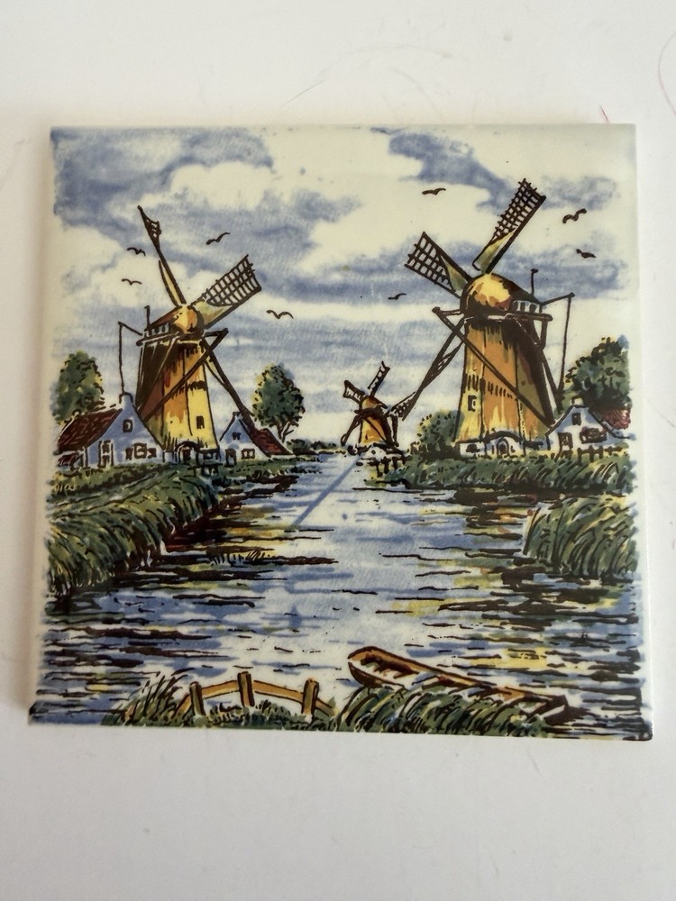 Hand Painted Ceramic Delft Tile Windmill Cottage Birds River 4x4