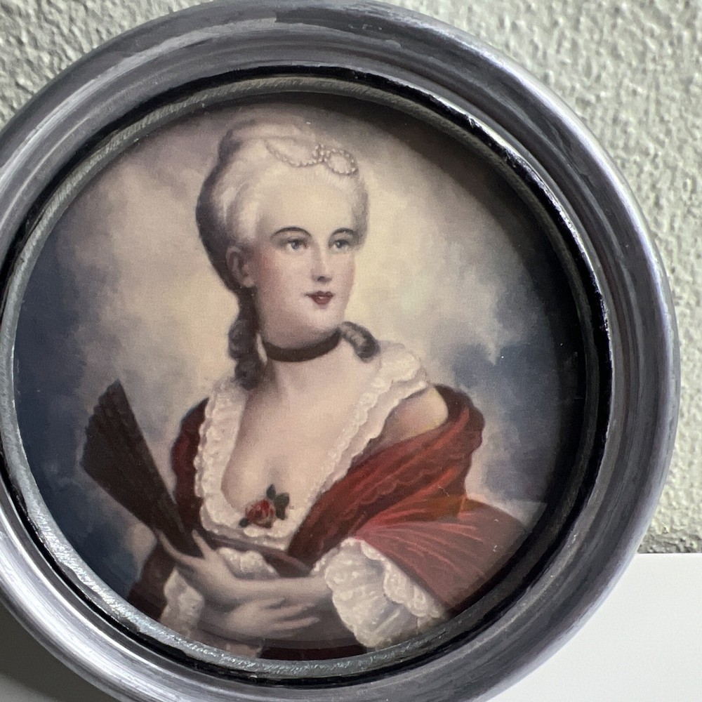 Antique Framed Miniature Portrait  of Lady With Fan