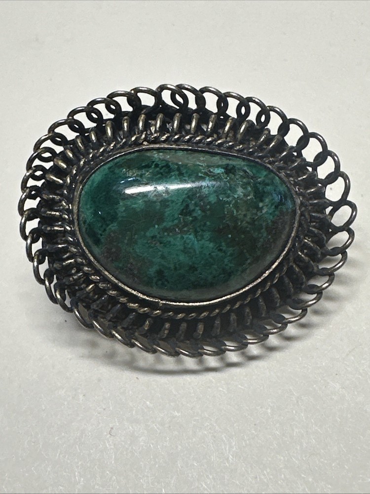 Estate Find Vintage Israel 835 Sterling Silver Green Eilat Stone Brooch/Pendant