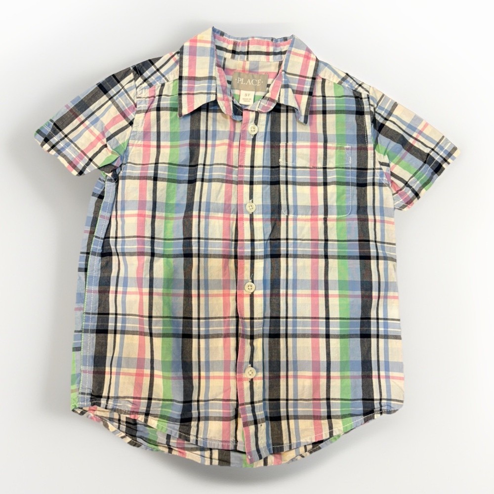 Boys 5T Plaid Easter Spring Short Sleeve Button Down Dress Shirt Blue & Pink