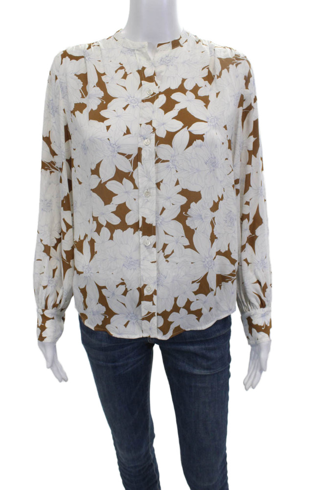 Vince Womens Brown Floral Mock Neck Long Sleeve Button Up Blouse Size XSFree Shipping in US $100+ Orders | $6.95 Orders Below
