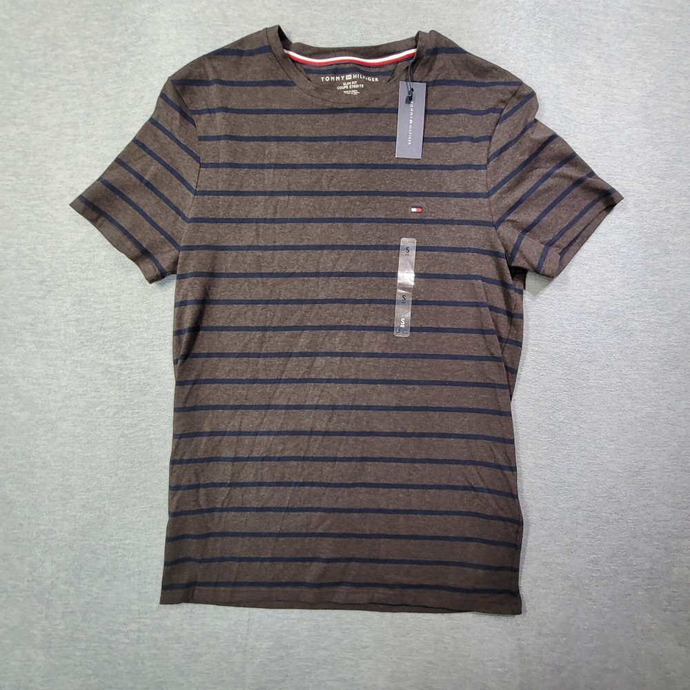 Tommy Hilfiger T Shirt Mens Small Brown Navy Striped Slim Fit Casual Logo NWT