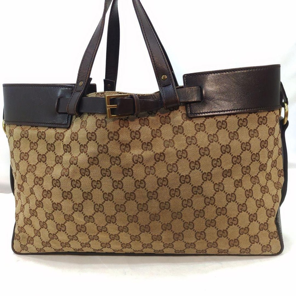 Gucci GG Canvas Brown Leather Tote Bag with Strap and A4 Insert