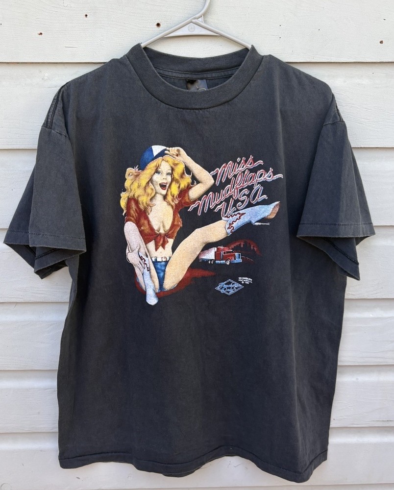 VTG 1988 3D Emblem Truckers only Miss Mudflaps USA Biker T-Shirt Large 80s VEGAS
