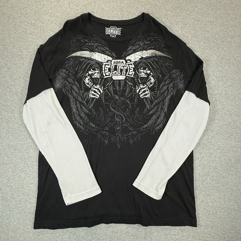MMA Elite Shirt Mens 2XL Black White Thermal Long Sleeve Skull Graphic Print Y2K