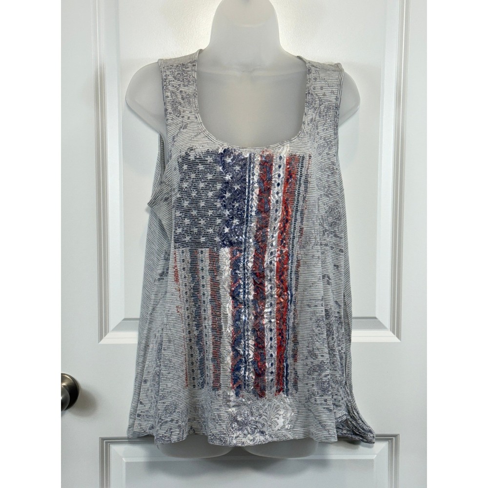 One World Womens 1X Tank Top Grey Striped American Flag Sequin Lace Boho USA