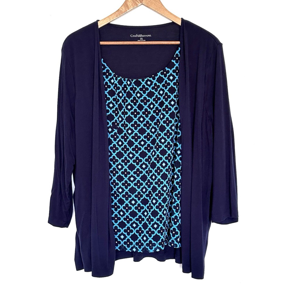 Croft & Barrow Plus Shirt Women’s 2X Blue Geometric 3/4 Sleeve Top