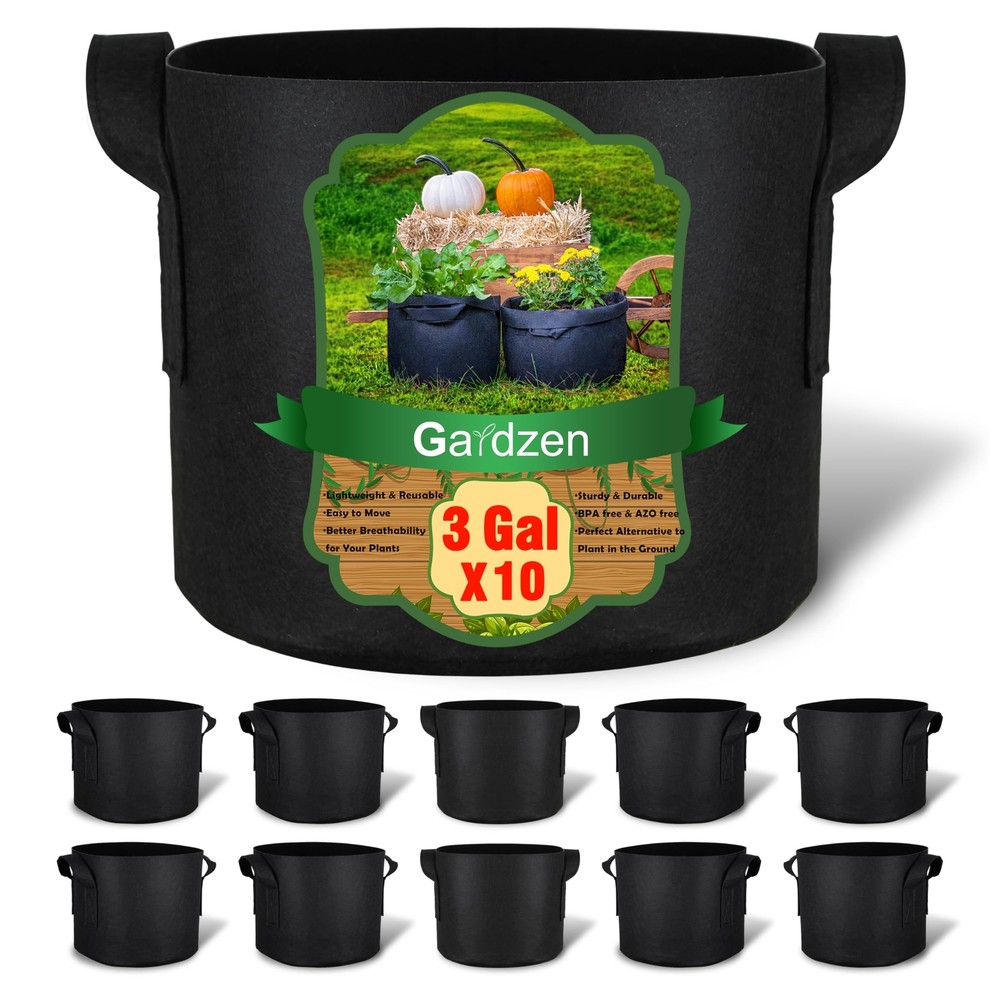 10-Pack 3 Gallons Grow Bags, Aeration Fabric Pots with Handles, Heavy Duty Cl...