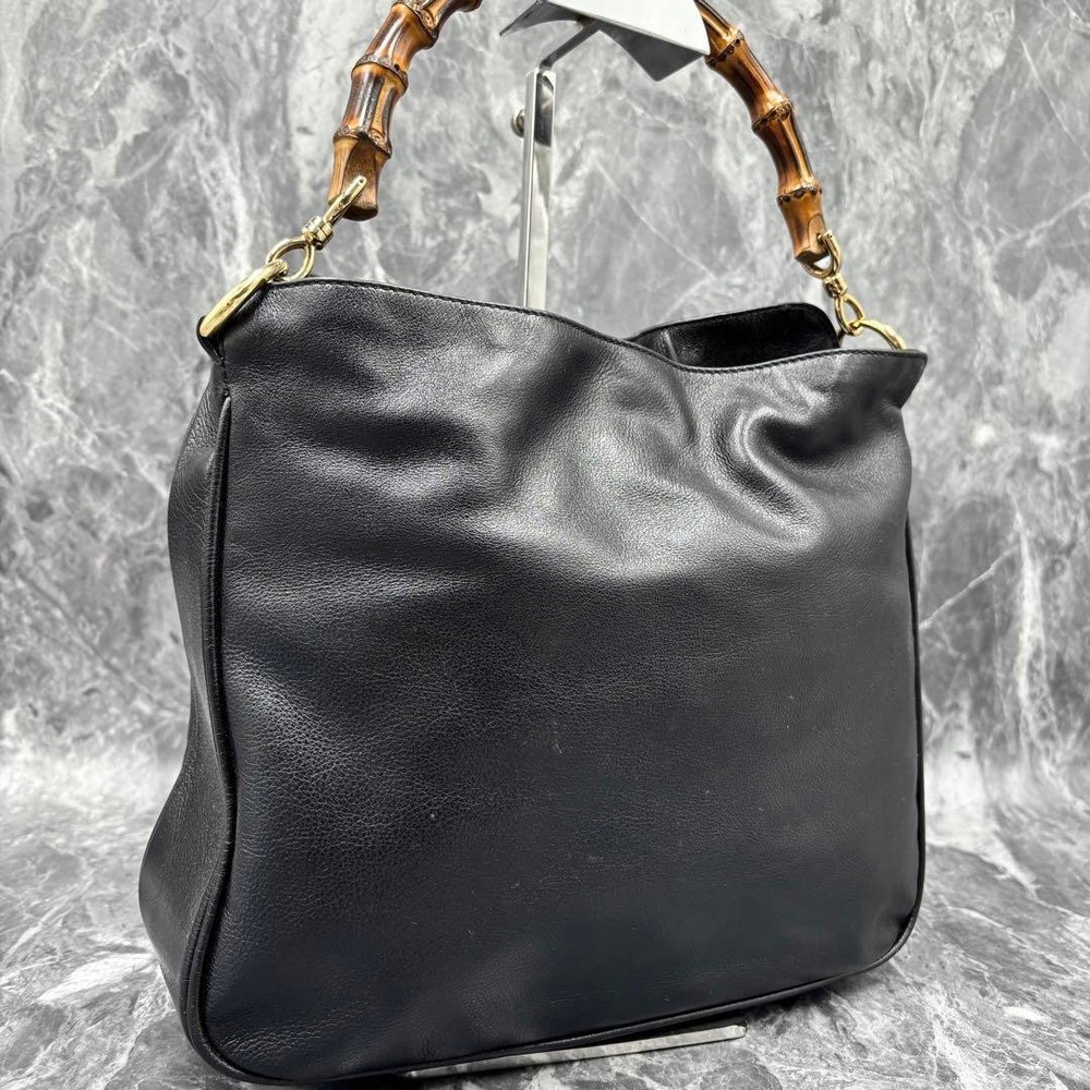 Vintage GUCCI Black Leather Bamboo Handle Tote Shoulder Bag Pre-Owned