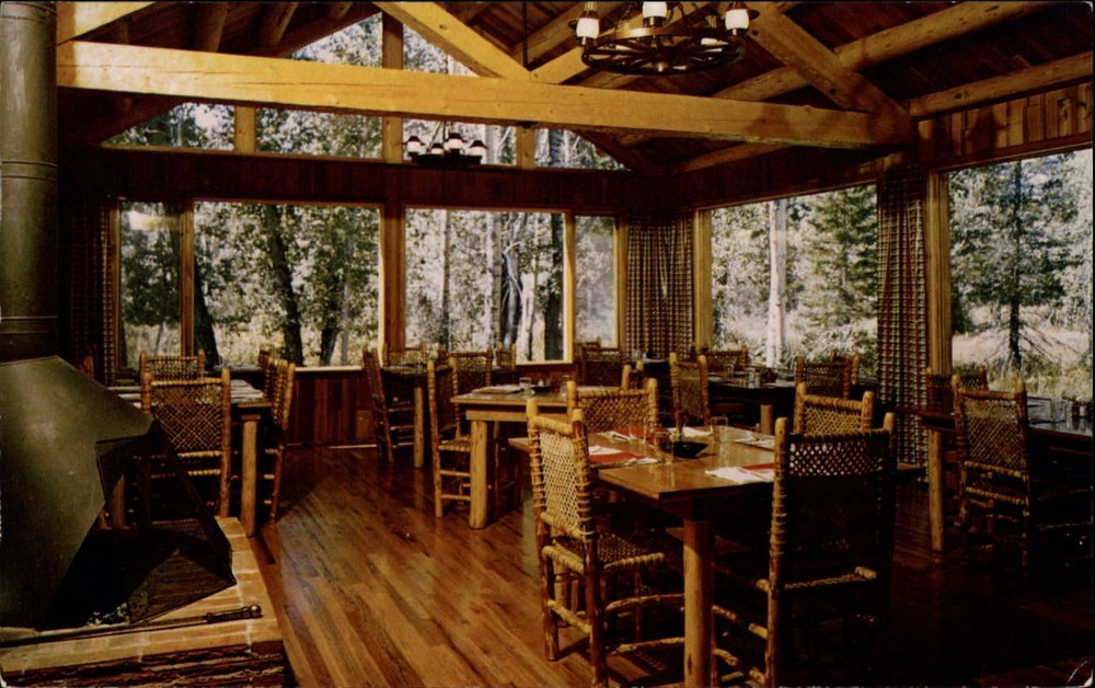 Jackson Hole Wyoming Highlands Lodge dining room Teton Mtns ~ 1950-60s postcard