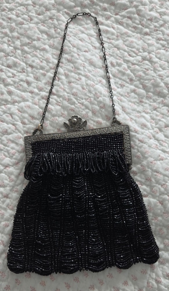 Antique / Vintage Black Beaded Evening Purse. Ornate Frame. Amazing Condition!