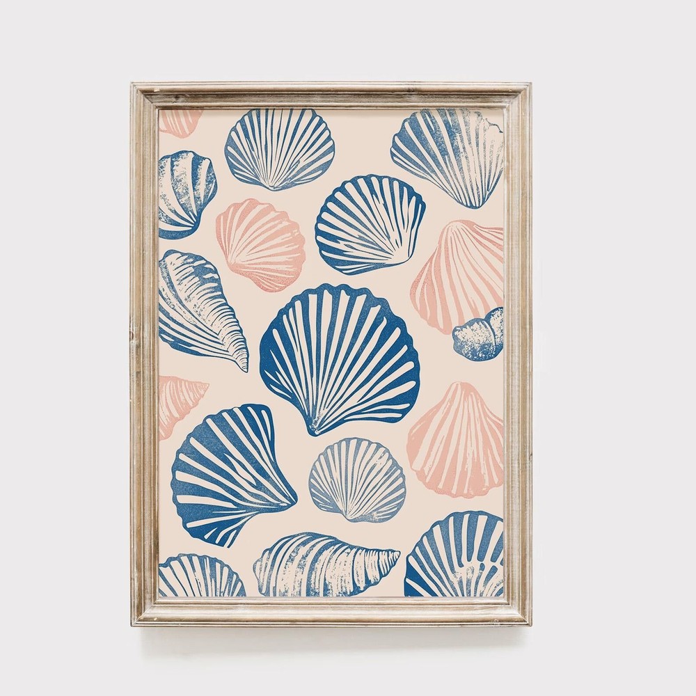 Seashell Pattern Art Print Coastal Beach Decor Blue And Coral Nautical Wall Art
