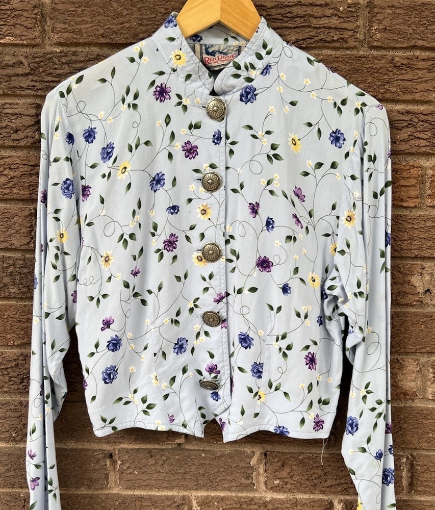 Vintage 90s Blue Floral Button Up Crop Top Womens Medium Rustic Western Boho