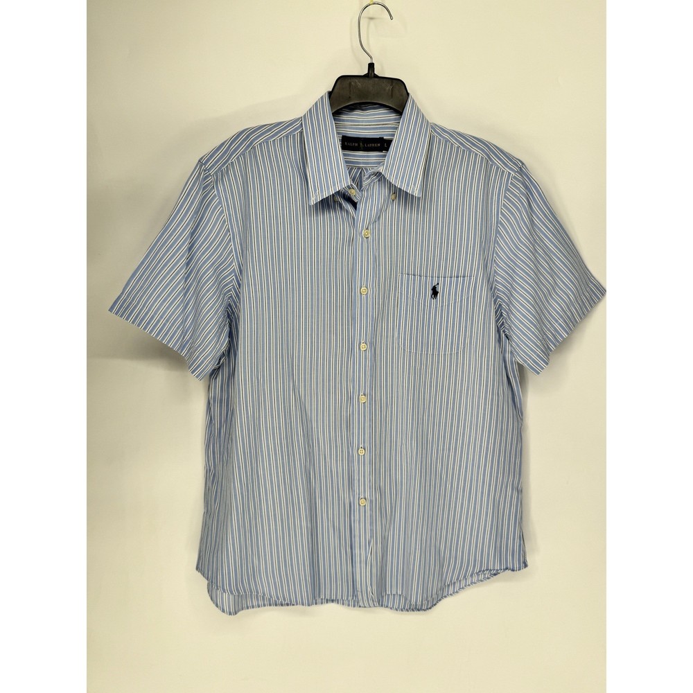 Polo Ralph Lauren Button Down Mens Large Blue Striped Good Short Sleeve Cotton