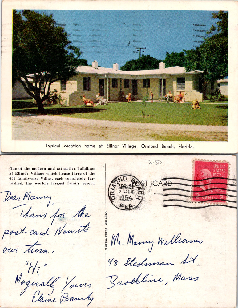 Vintage Postcard Ellinor Village Ormond Beach Florida FL Residential Landscape V