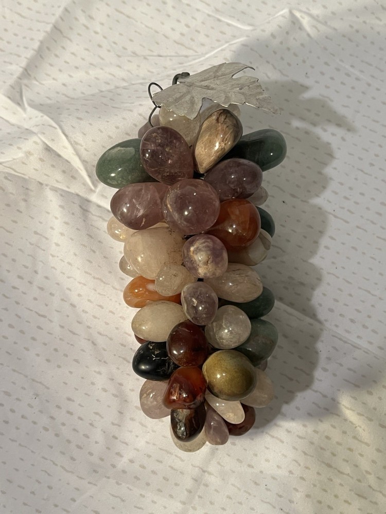 Stone Grape Cluster Leaf Polished Rose Quartz Jade Agate Multicolor VTG
