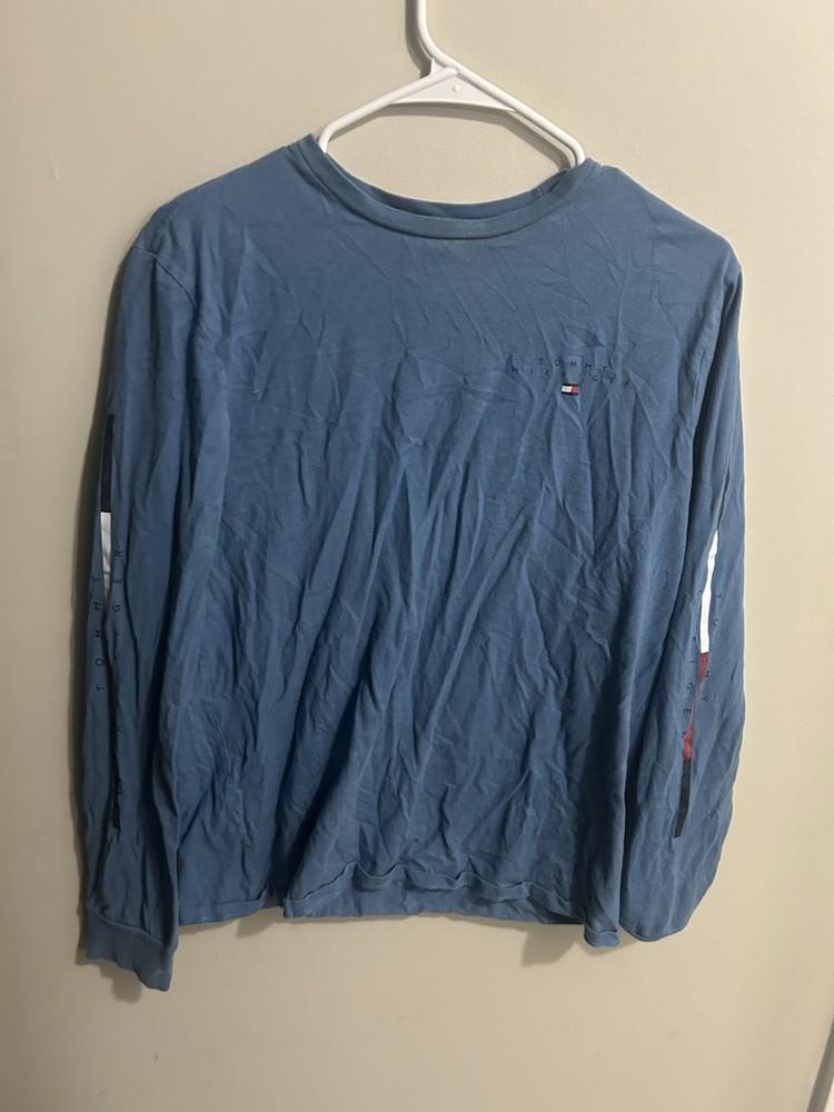 Tommy Hilfiger Men's Blue Crew Neck Long Sleeve Knit Cotton Logo T-Shirt Size S