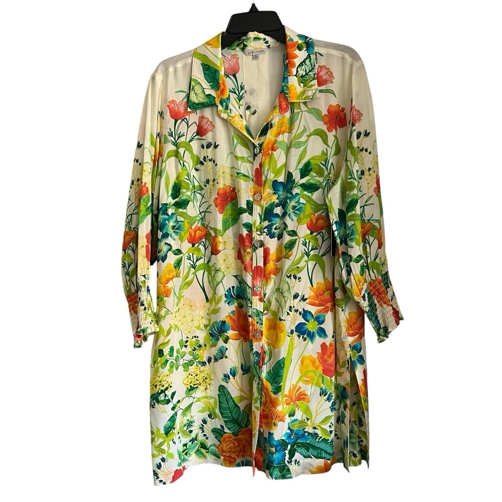 John Mark Button Front Tunic Women XL Floral Multi Gathered Sleeve Boho Artsy