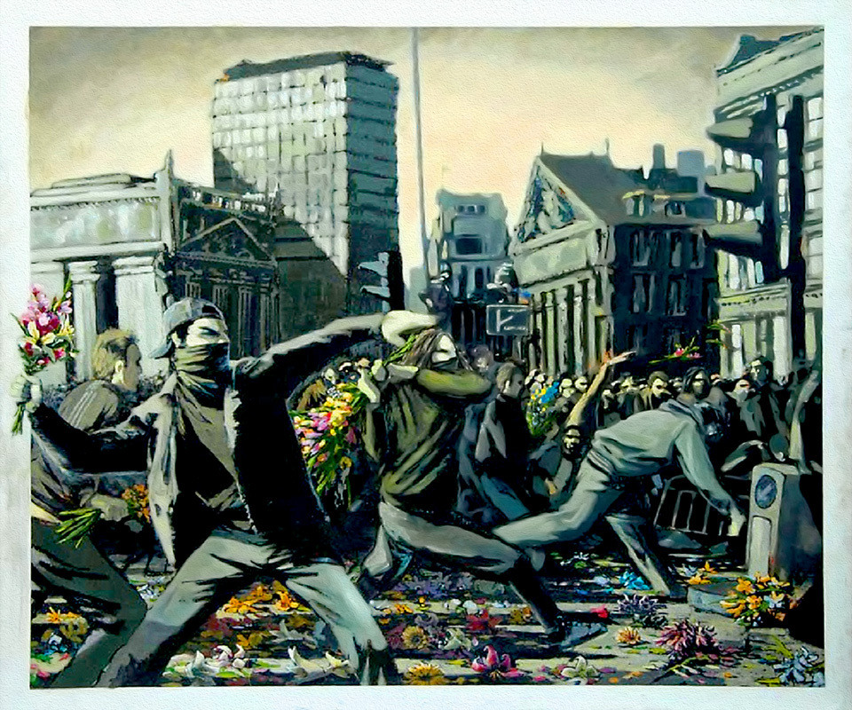 BANKSY STREET ART *FRAMED* CANVAS PRINT Riot Flower thrower 18x12