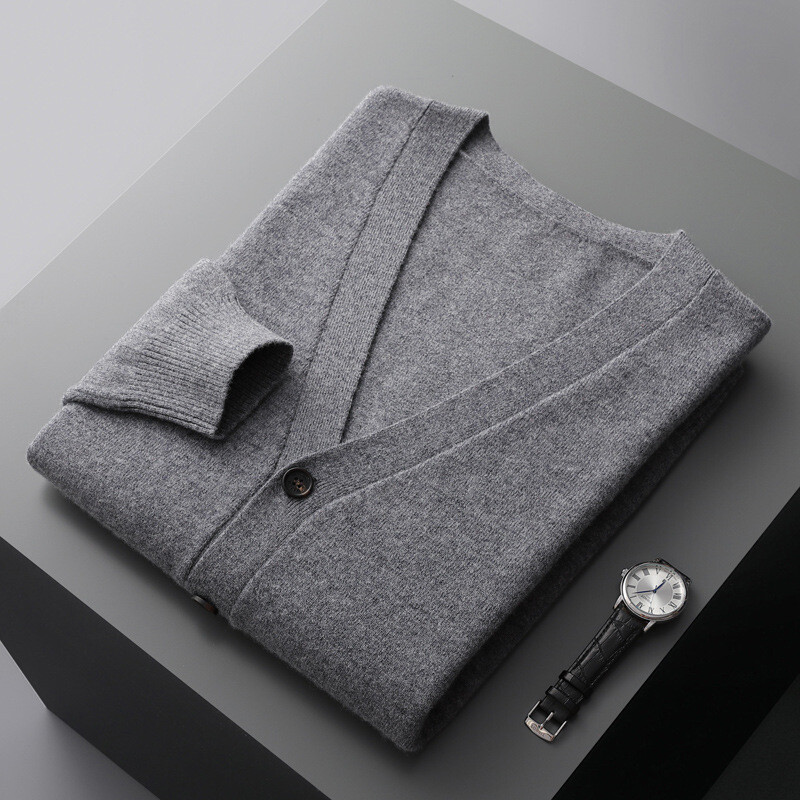 Men's V-Neck Wool Cashmere Cardigan - Long Sleeve Knit Sweater Jacket