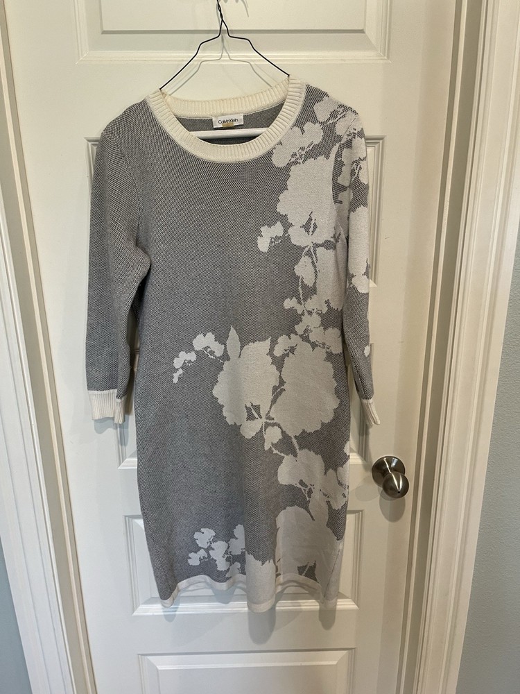 Calvin Klein Grey and White Floral Long Sleeve Sweater Dress