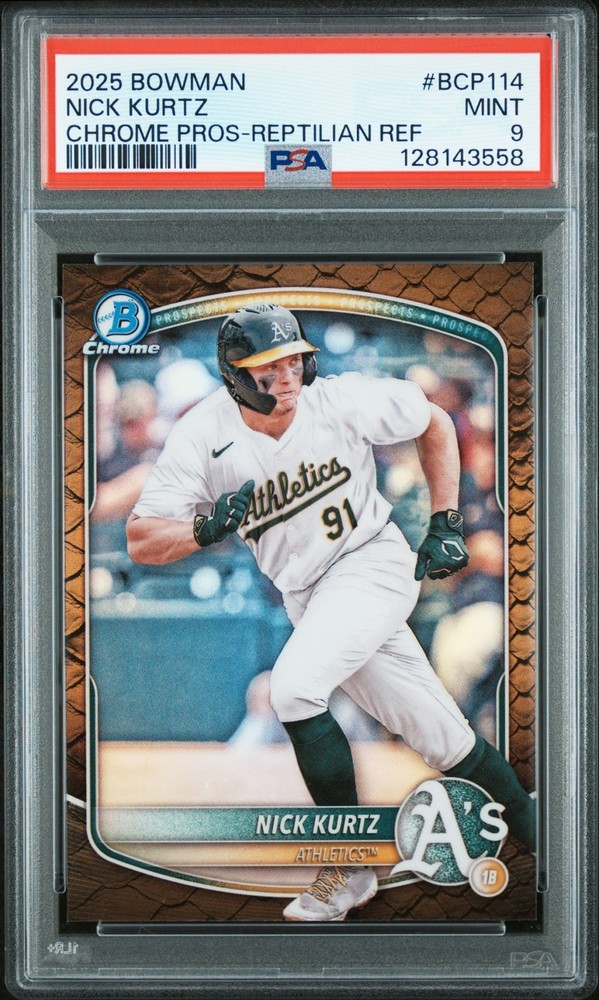 2025 Bowman Nick Kurtz Chrome Prospects Reptilian Refractor PSA 9 Athletics
