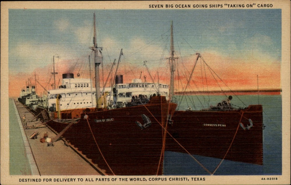 Ocean freighter cargo ships cotton ~ Corpus Christi Texas ~ 1940s linen postcard