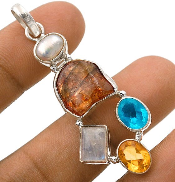 Natural Kyanite Multi Gemstone 925 Sterling Silver Pendant  