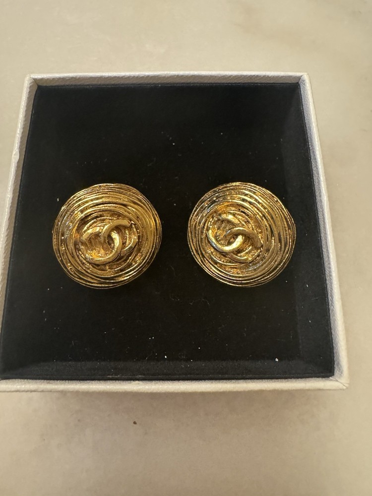 Vintage Chanel Gold Tone Quilted CC Logo Clip On Earrings Signed 1980s
