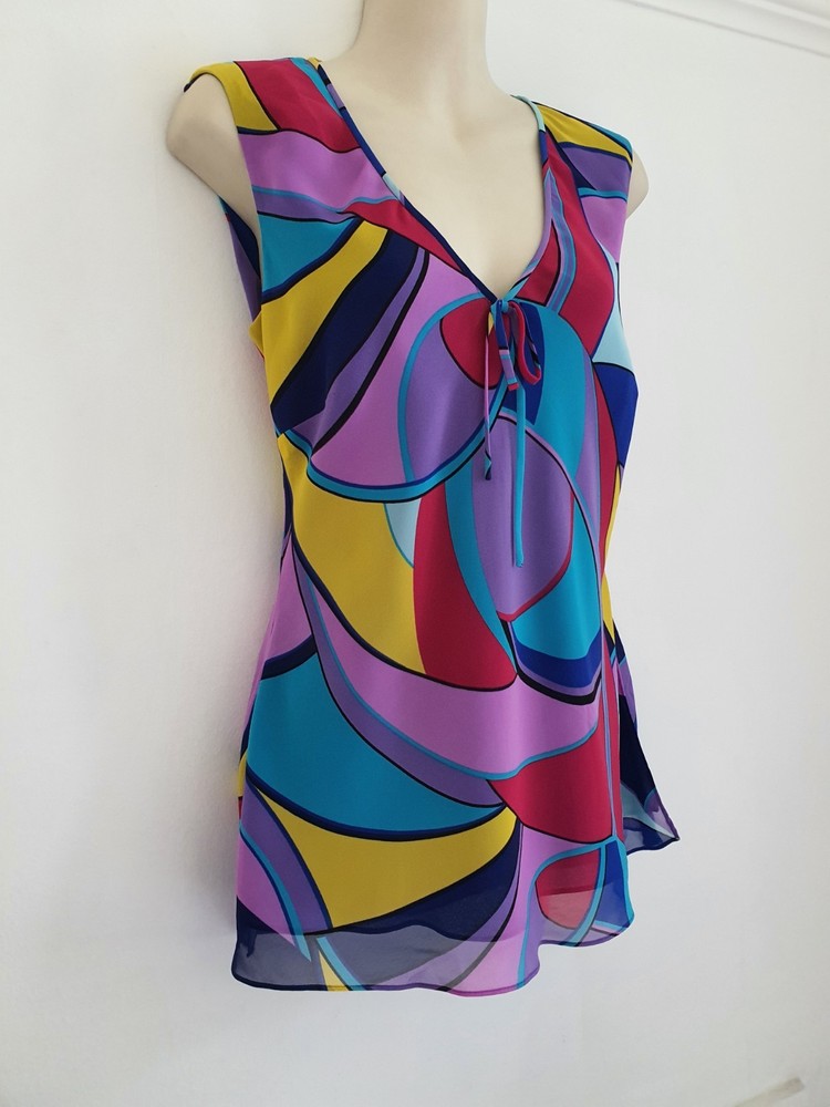 Abstract Multicolour Pattern V-Neck Top UK 10 Lined New-image