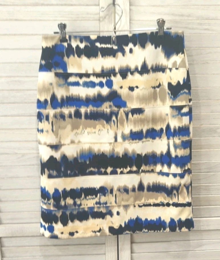ALFANI Sz S Pull On Pencil Straight Skirt  Multicolor Blue, Tan Stretch Lined