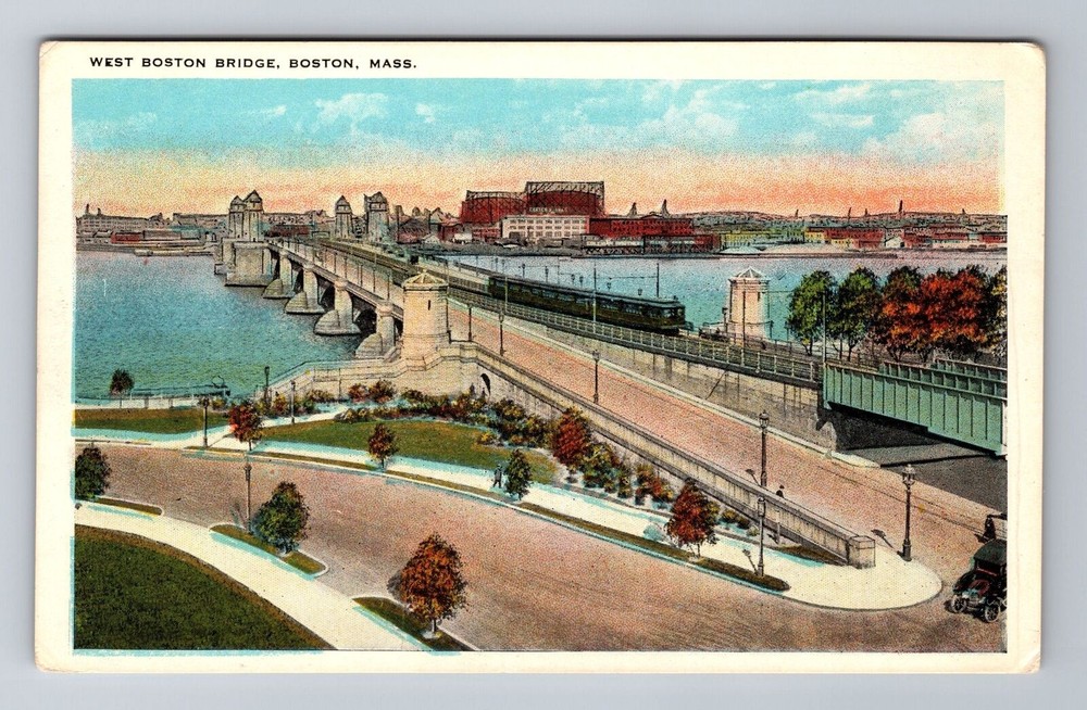 Boston MA-Massachusetts, West Boston Bridge, Aerial, Antique, Vintage Postcard