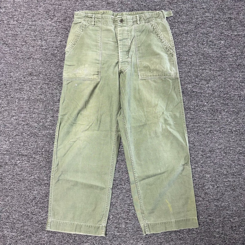 Vintage 60s WW2 US Army Fatigue HBT Military Pants Sz 34x28 Thrashed Sun Faded