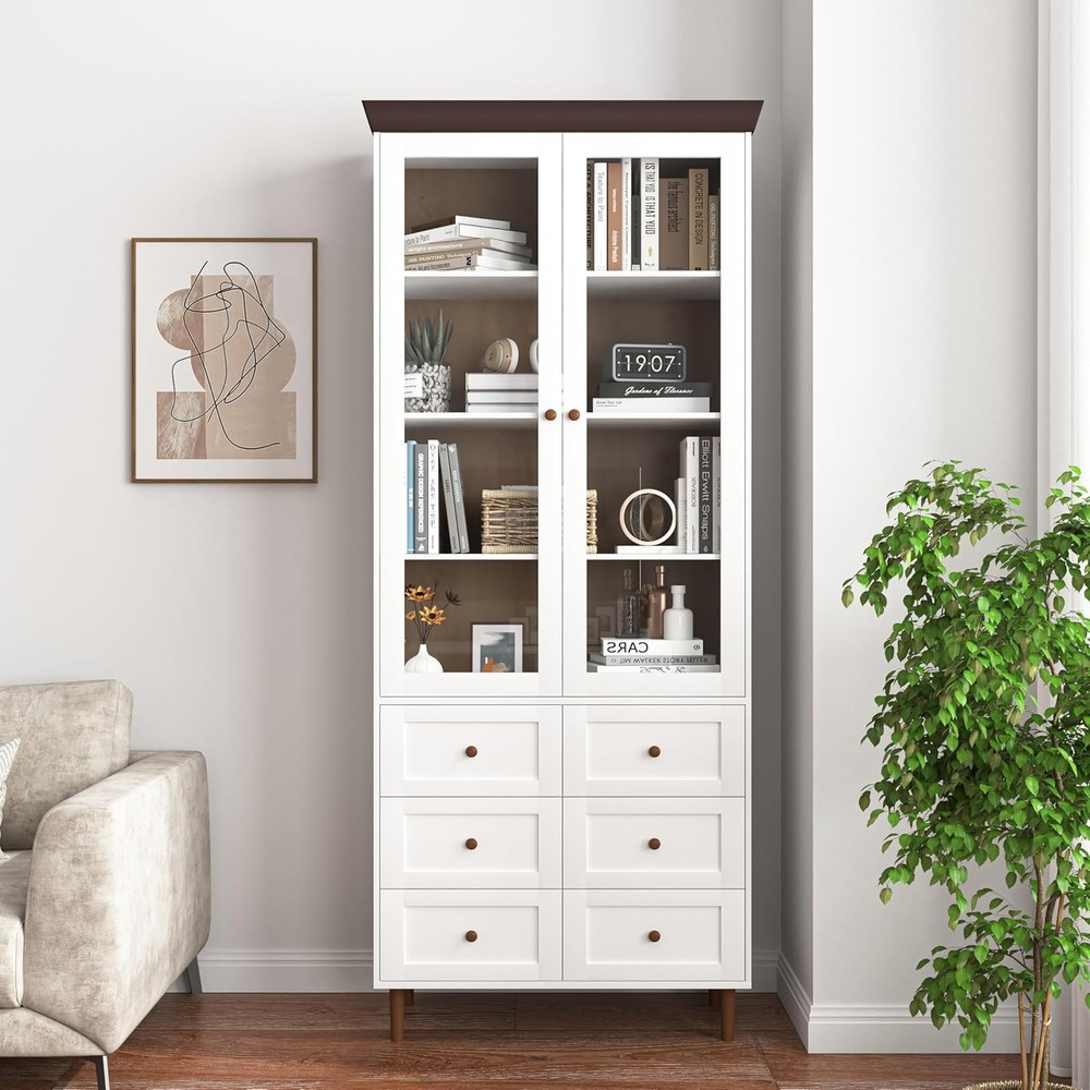 79'' Tall Storage Cabinet with 6 Drawer,Kitchen Pantry Cabinet with Glass Door