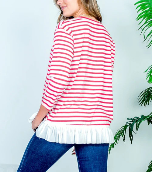 Hopely Women’s Boat Neck Striped Top  Sz S  3/4 Sleeve Ruffle Hem Blouse