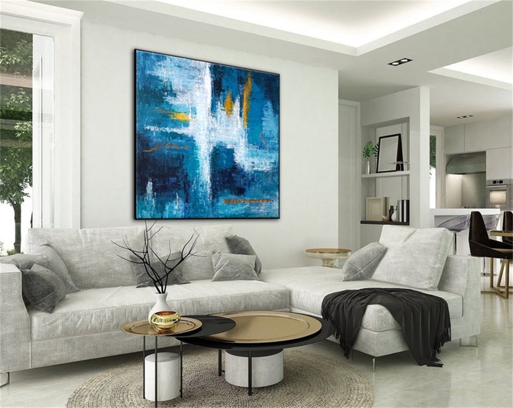Abstract Painting Large Acrylic Canvas Wall Art Expressionism Cool Blue Modern
