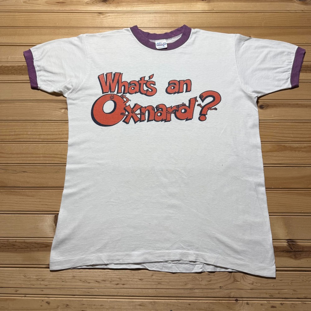 Vintage 70s What's An Oxnard Funny Humor Cartoon Graphic Ringer T-Shirt - Medium