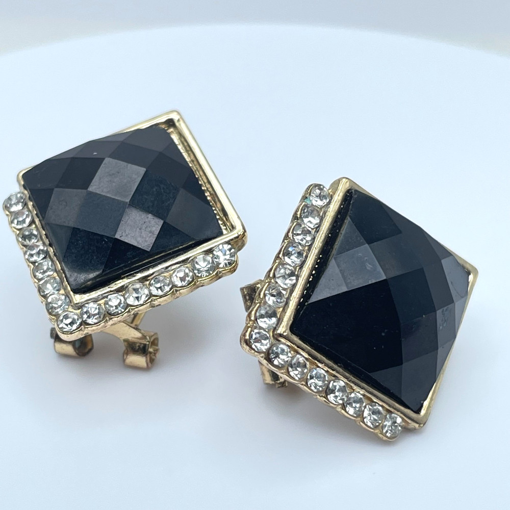 Vintage 90s Black Onyx Glass Gold Tone Earrings Rhine Stone Halo Square Studs