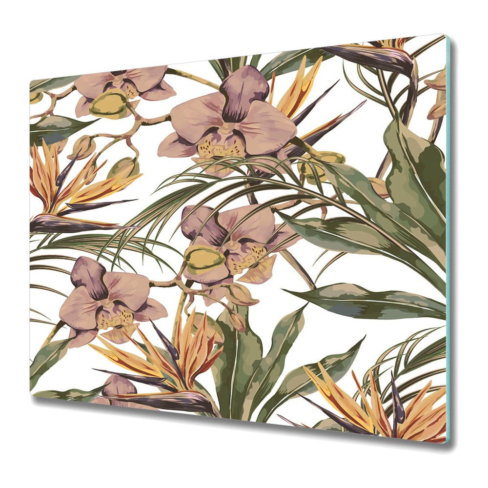 Glass Kitchen Chopping Board Botanical Leaves exotic tropical Colourful 60x52