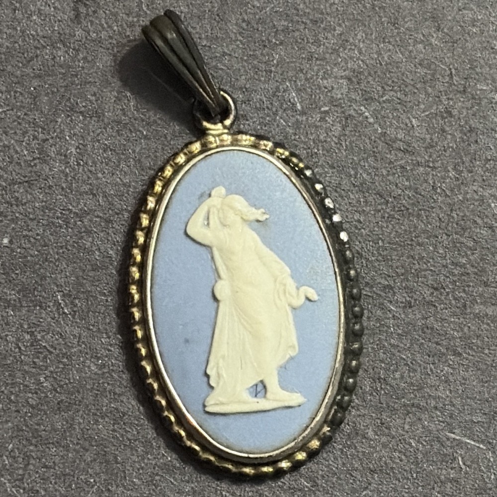 Wedgwood Blue & White Jasperware Oval Cameo Pendant Signed, Classical Women's