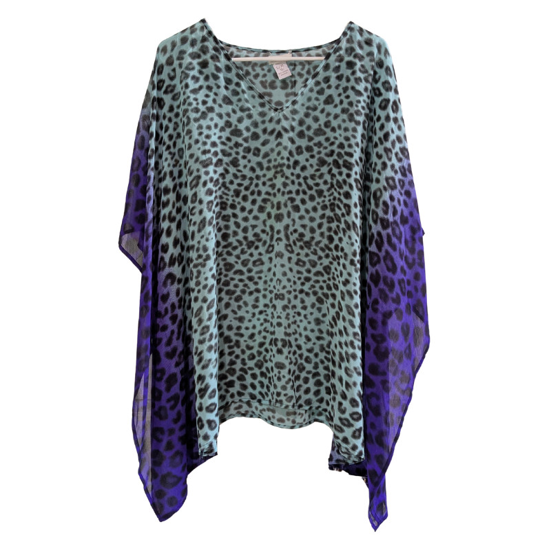 Chico’s Women’s Chiffon Kaftan Cover-Up Top, Blue Purple Leopard Print Size L/XL