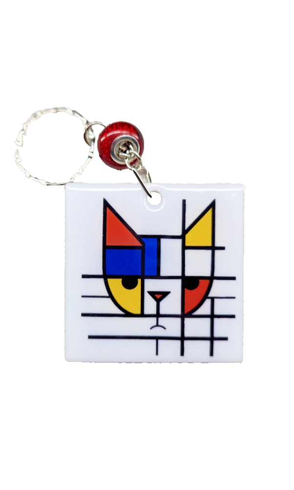 Abstract Cat Face Keychain with Red Bead & UV-DTF Decal-image