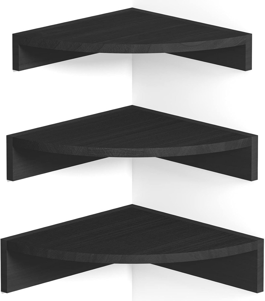 Black Corner Shelf Wall Mount, Set of 3 Floating Shelves for Wall Storage and...