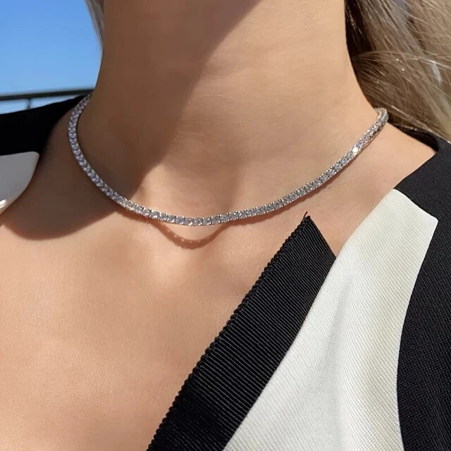 16CT Round Cut Lab Created Diam Women's Tennis Necklace 14K WhiteGold Plated 18
