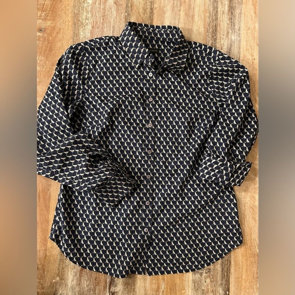 Talbots Women’s Dog Patterned Navy & White Labrador Ball Tailored Shirt, Size 2