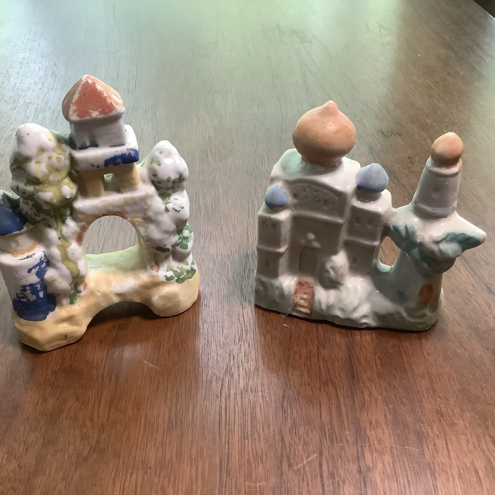 VTG Fish Aquarium Ornaments Ceramic Swim Through Castles, Lot Of 2 JAPAN